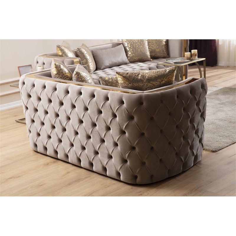 Pemberly Row Button Tufted 3Pc Set with Velvet Fabric & Gold Accent in Off White
