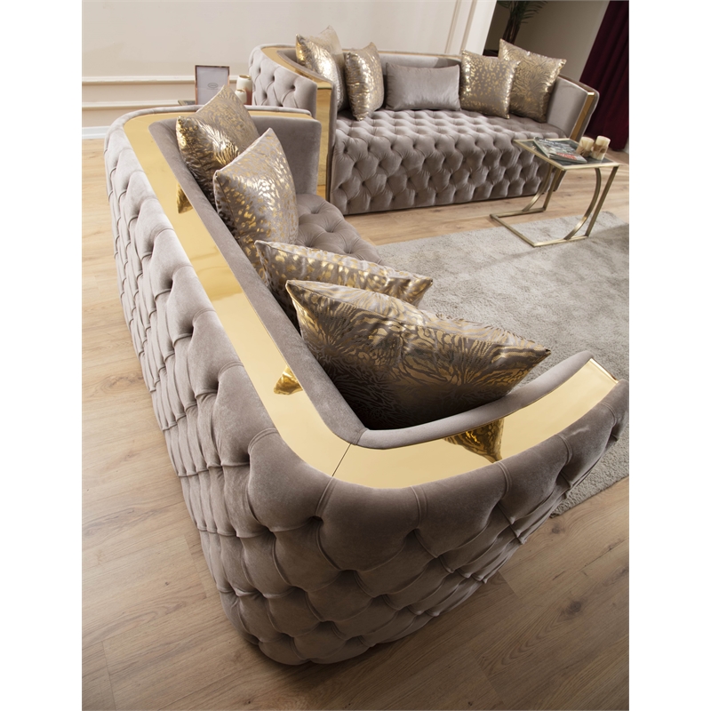 Pemberly Row Button Tufted 3Pc Set with Velvet Fabric & Gold Accent in Off White