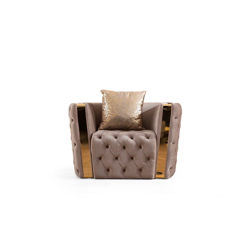 Pemberly Row Button Tufted 3Pc Set with Velvet Fabric & Gold Accent in Off White