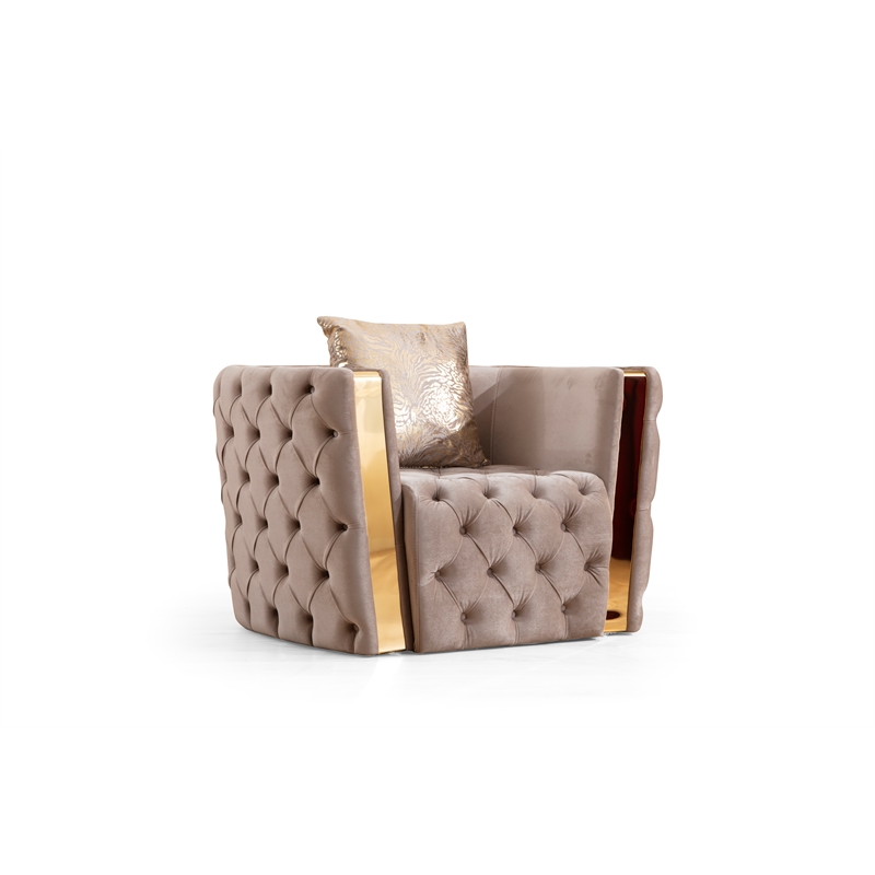 Pemberly Row Button Tufted 3Pc Set with Velvet Fabric & Gold Accent in Off White
