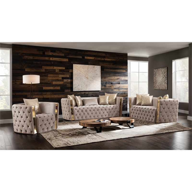 Pemberly Row Button Tufted 3Pc Set with Velvet Fabric & Gold Accent in Off White