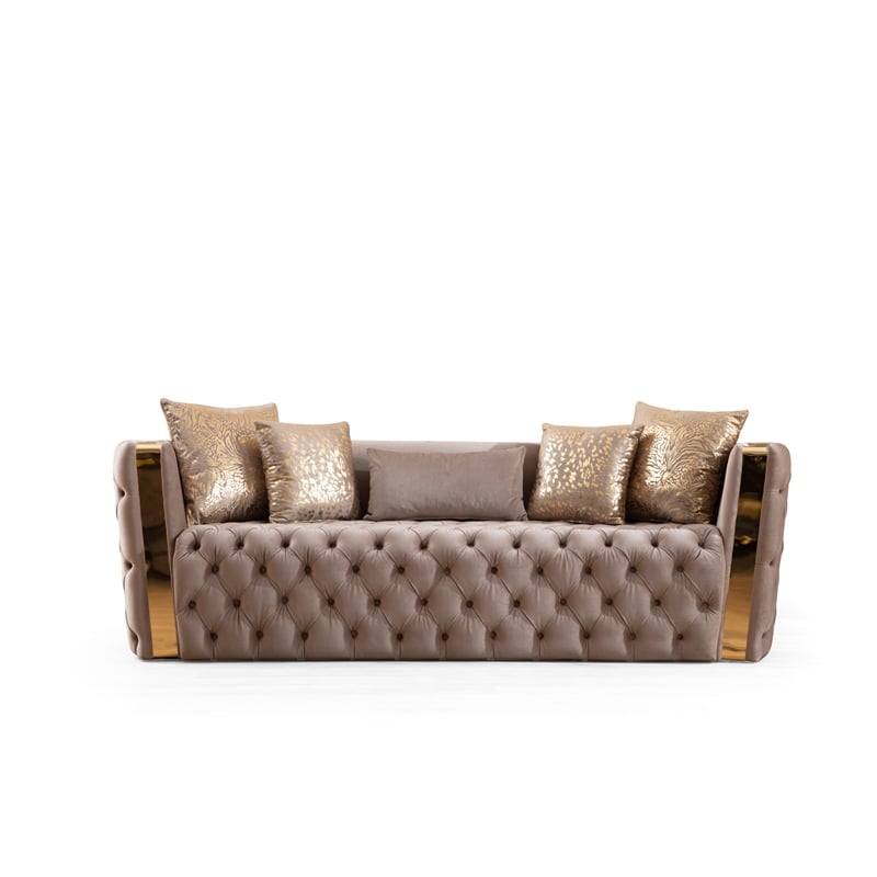 Pemberly Row Button Tufted 3Pc Set with Velvet Fabric & Gold Accent in Off White