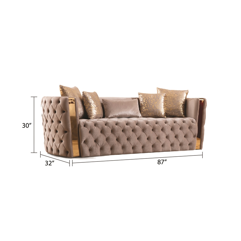 Pemberly Row Button Tufted 3Pc Set with Velvet Fabric & Gold Accent in Off White