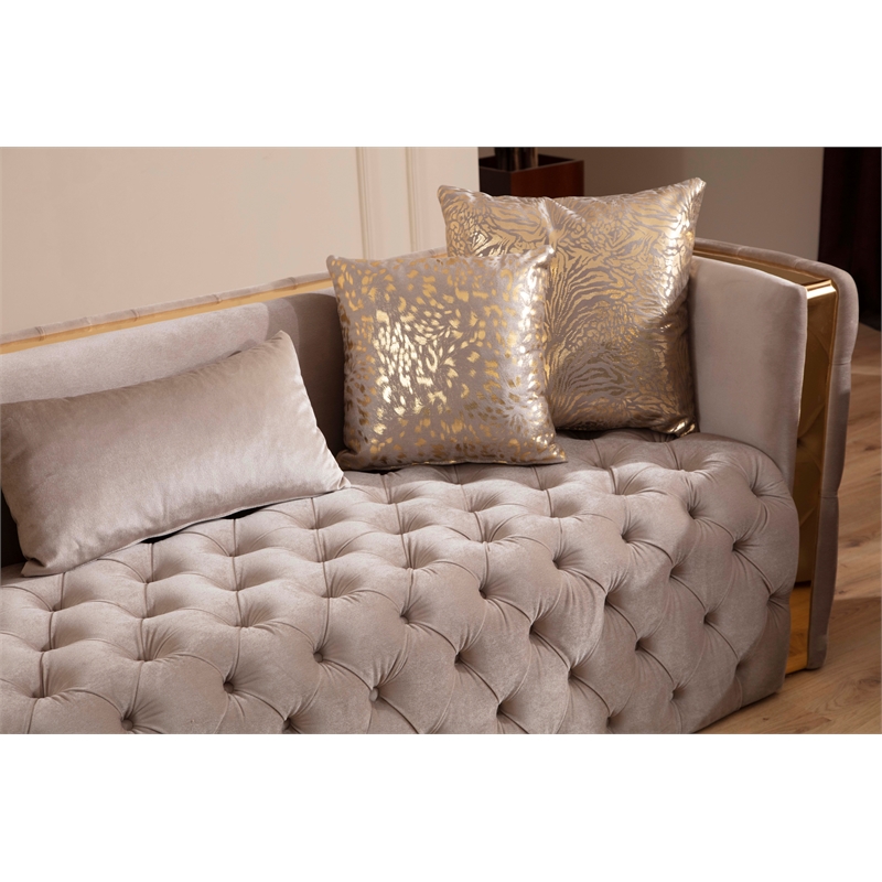 Pemberly Row Button Tufted 3Pc Set with Velvet Fabric & Gold Accent in Off White