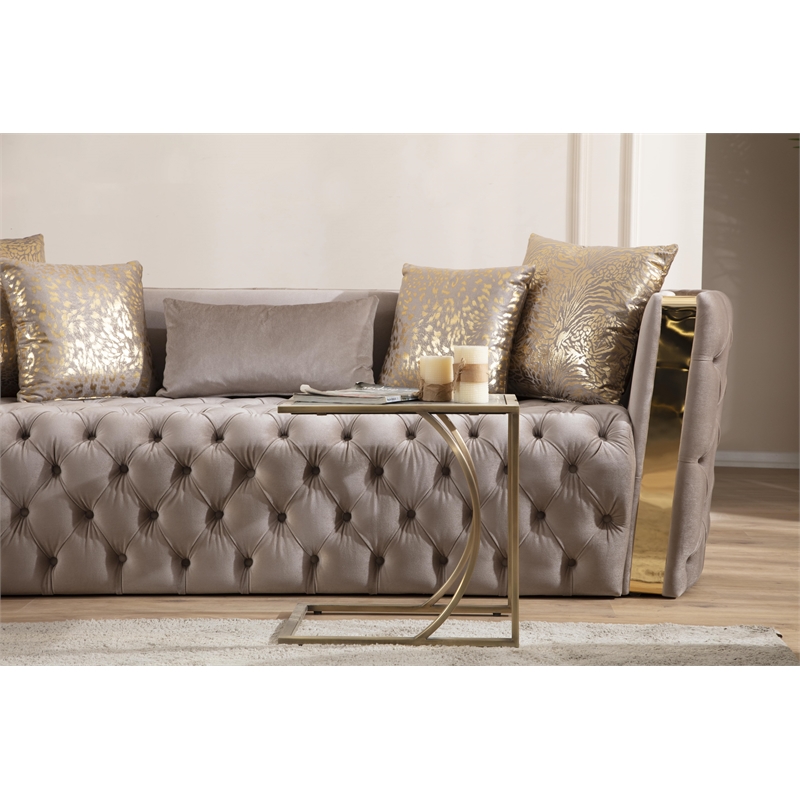 Pemberly Row Button Tufted 3Pc Set with Velvet Fabric & Gold Accent in Off White