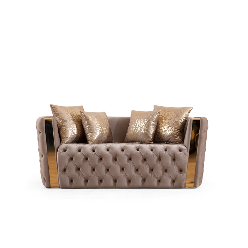 Pemberly Row Button Tufted 3Pc Set with Velvet Fabric & Gold Accent in Off White