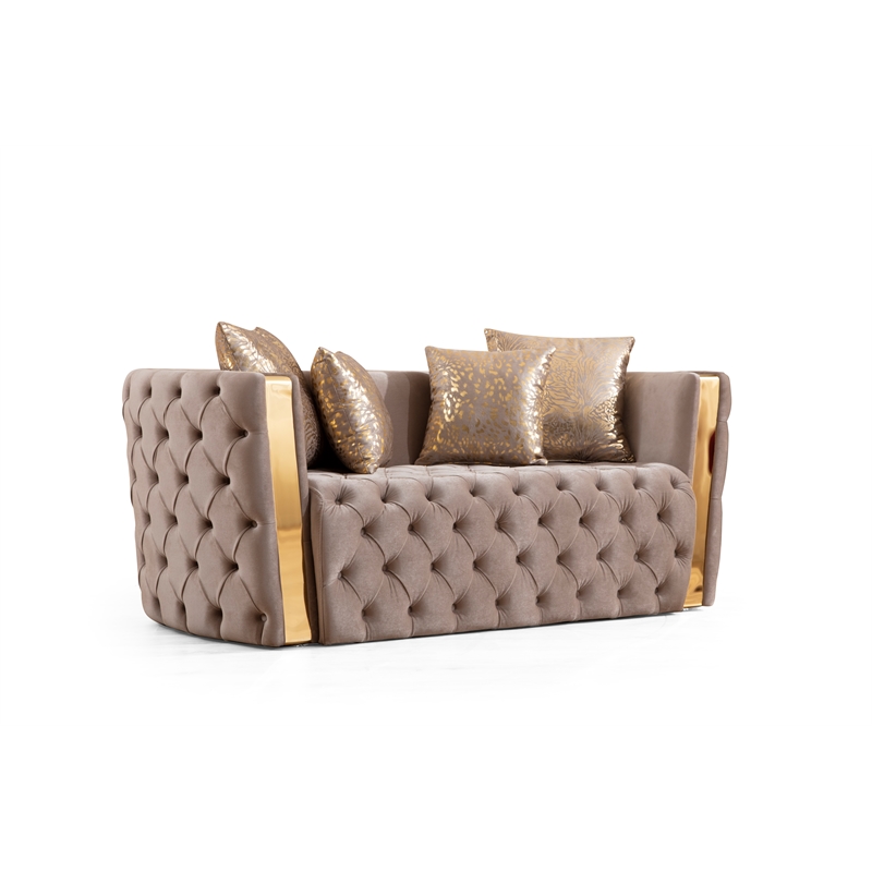 Pemberly Row Button Tufted 3Pc Set with Velvet Fabric & Gold Accent in Off White