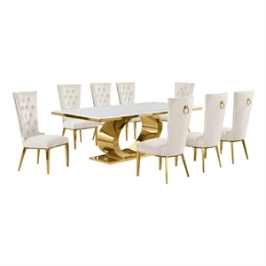 Pemberly Row White Marble Dining Set with Cream Velvet Chairs