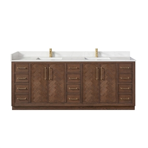 Pemberly Row 84&quot Bath Vanity in Dark Brown Oak with Silk White Quartz Stone Top