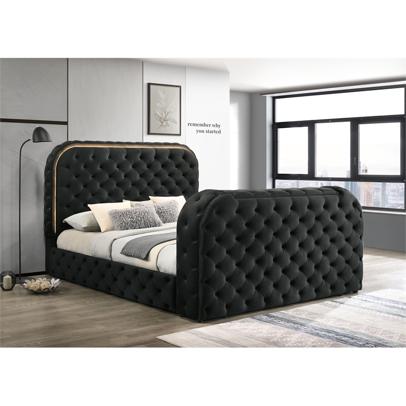 Pemberly Row Velvet Fabric Upholstered Queen Bed with LED and TV Stand in Black