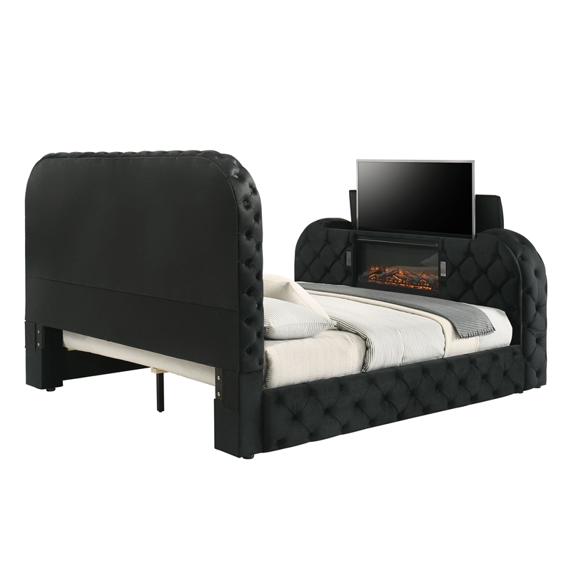 Pemberly Row Velvet Fabric Upholstered Queen Bed with LED and TV Stand in Black