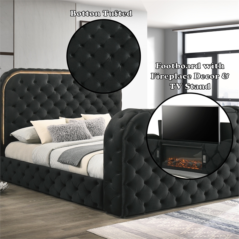Pemberly Row Velvet Fabric Upholstered Queen Bed with LED and TV Stand in Black