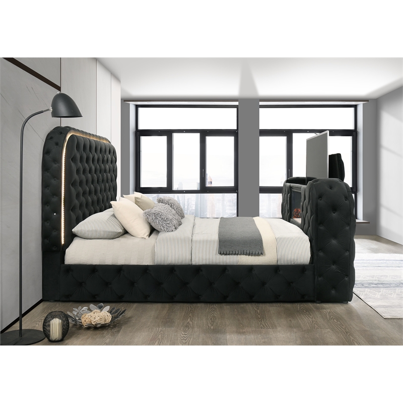 Pemberly Row Velvet Fabric Upholstered Queen Bed with LED and TV Stand in Black