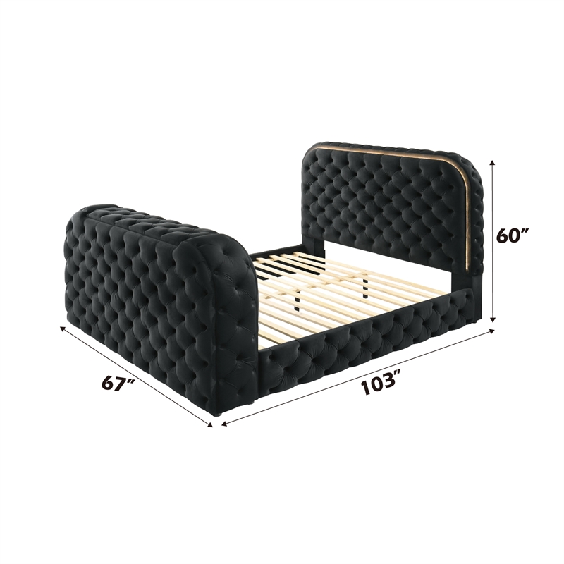 Pemberly Row Velvet Fabric Upholstered Queen Bed with LED and TV Stand in Black