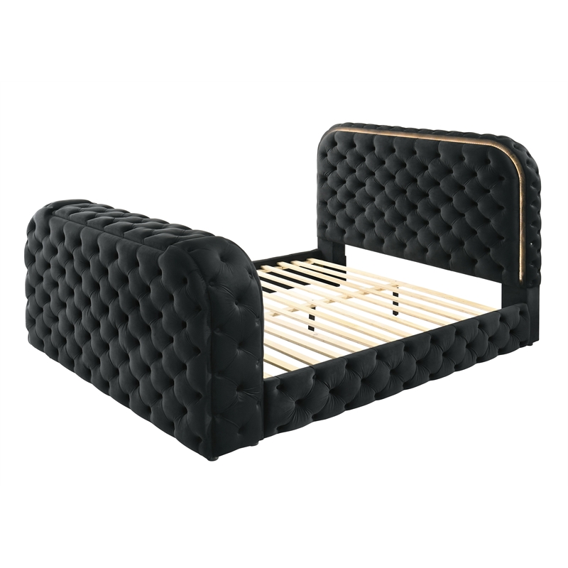 Pemberly Row Velvet Fabric Upholstered Queen Bed with LED and TV Stand in Black