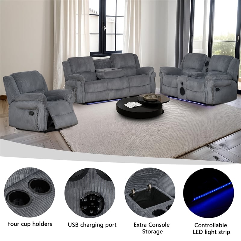 Pemberly Row 3-Piece Reclining Living Room Fabric Sofa Set in Gray