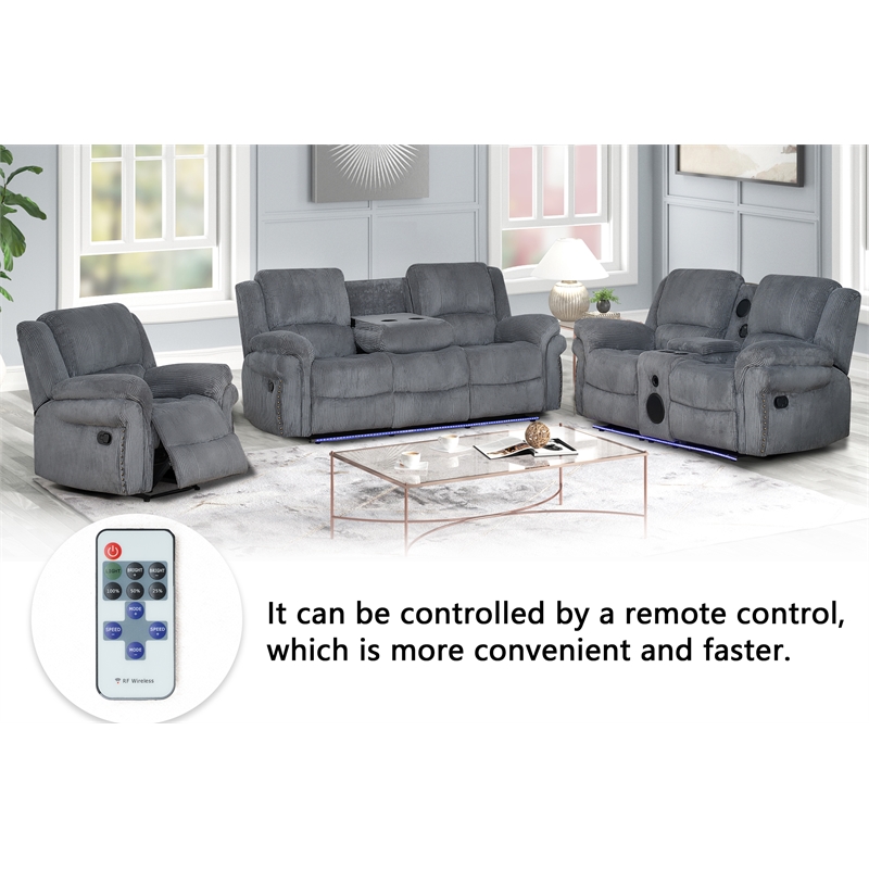 Pemberly Row 3-Piece Reclining Living Room Fabric Sofa Set in Gray