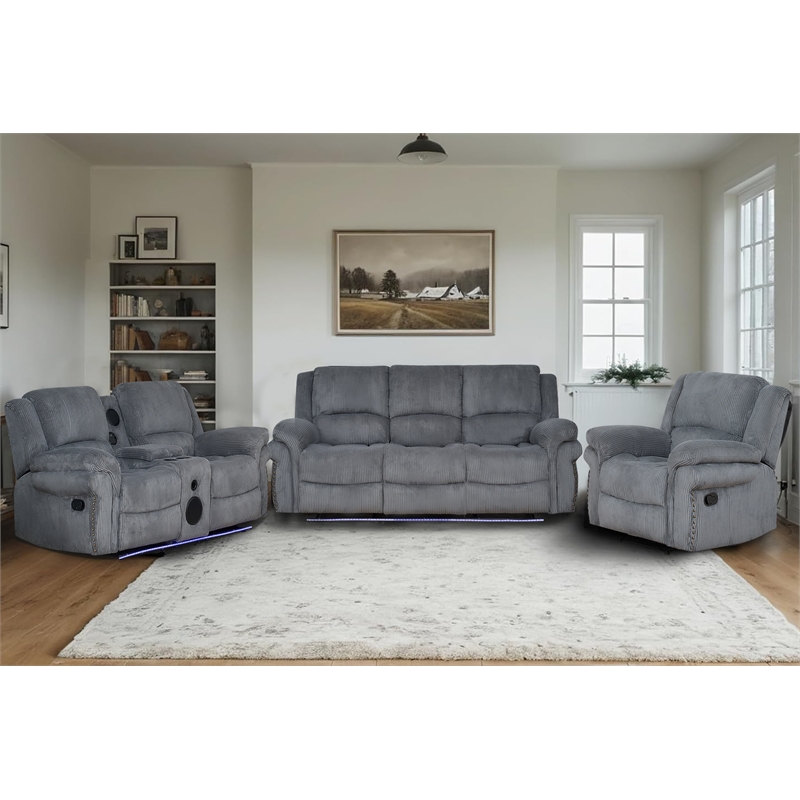 Pemberly Row 3-Piece Reclining Living Room Fabric Sofa Set in Gray