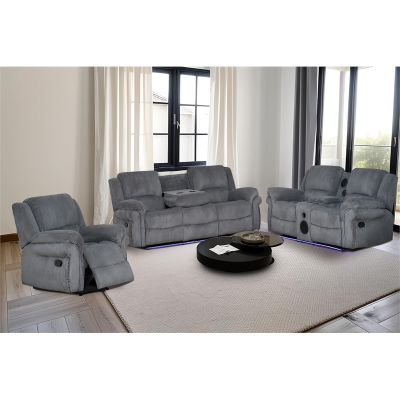 Pemberly Row 3-Piece Reclining Living Room Fabric Sofa Set in Gray