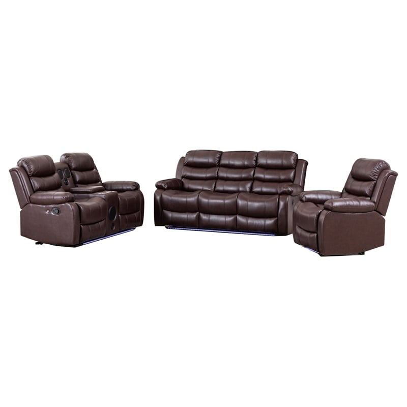 Pemberly Row 3-Piece Faux Leather Reclining Sofa Set with USB Charging in Brown