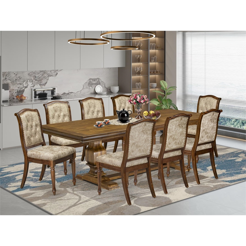 Pemberly Row Mid-Century 9-Piece Extendable Dining Table Set in Walnut