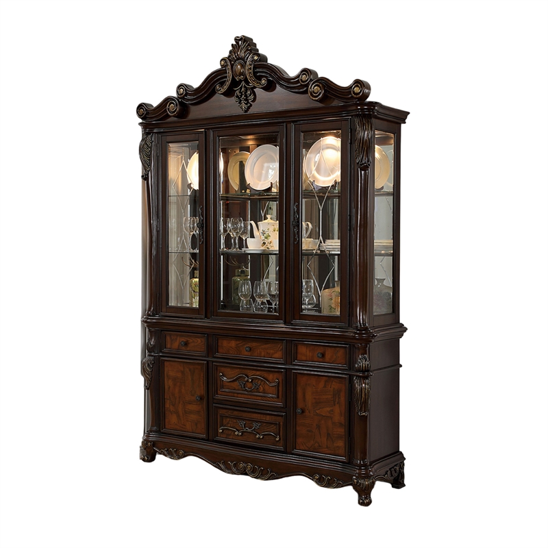 Pemberly Row Classic Carved Buffet Cabinet and Hutch inCherry Brown Solid Wood