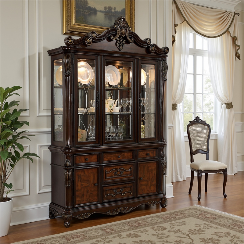 Pemberly Row Classic Carved Buffet Cabinet and Hutch inCherry Brown Solid Wood