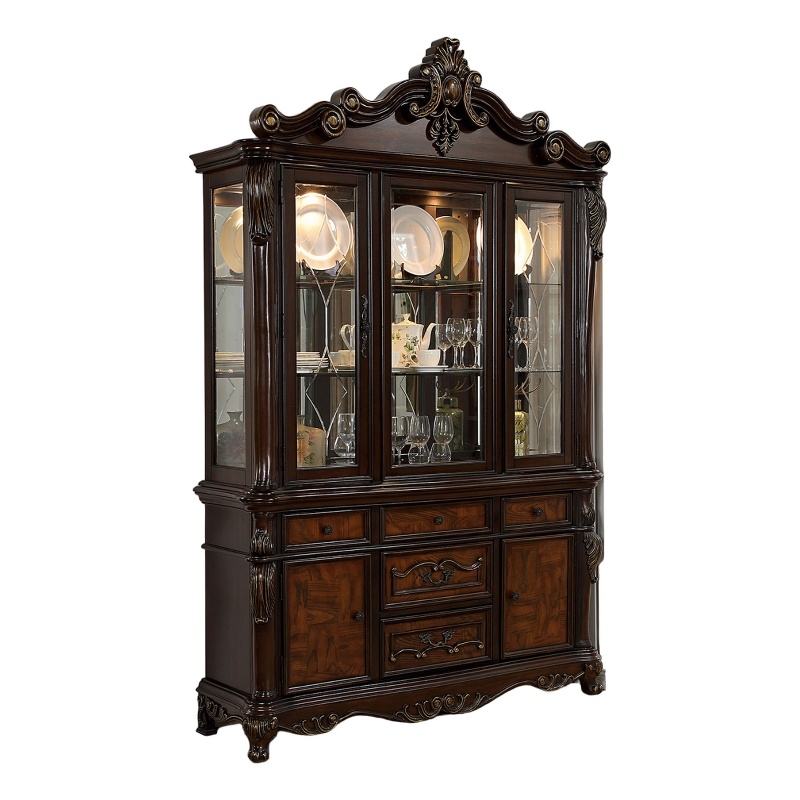 Pemberly Row Classic Carved Buffet Cabinet and Hutch inCherry Brown Solid Wood
