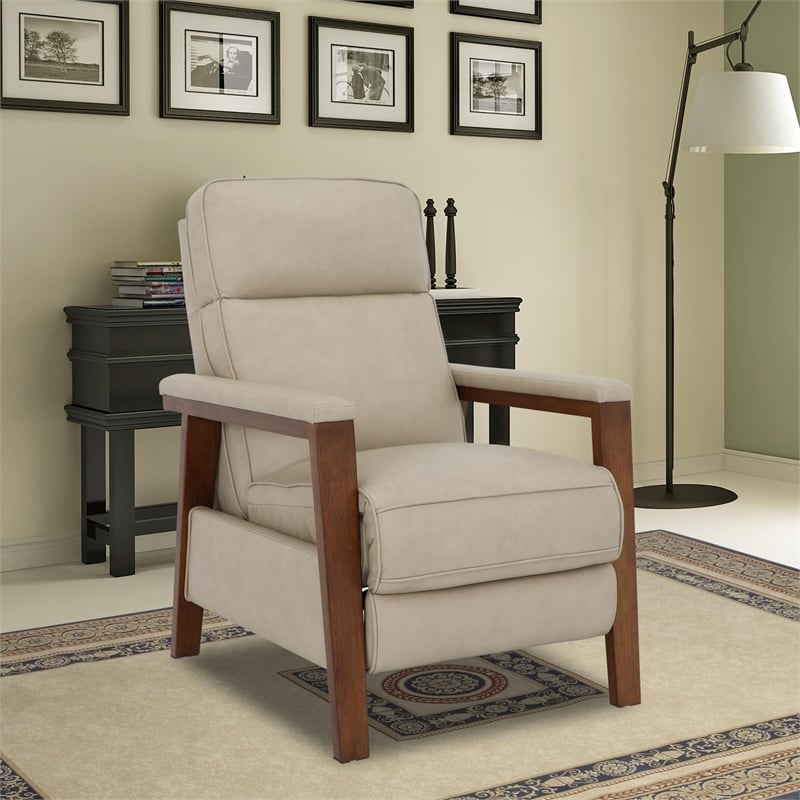 Pemberly Row Leather Push Thru The Arms Recliner in Cashmere Stone