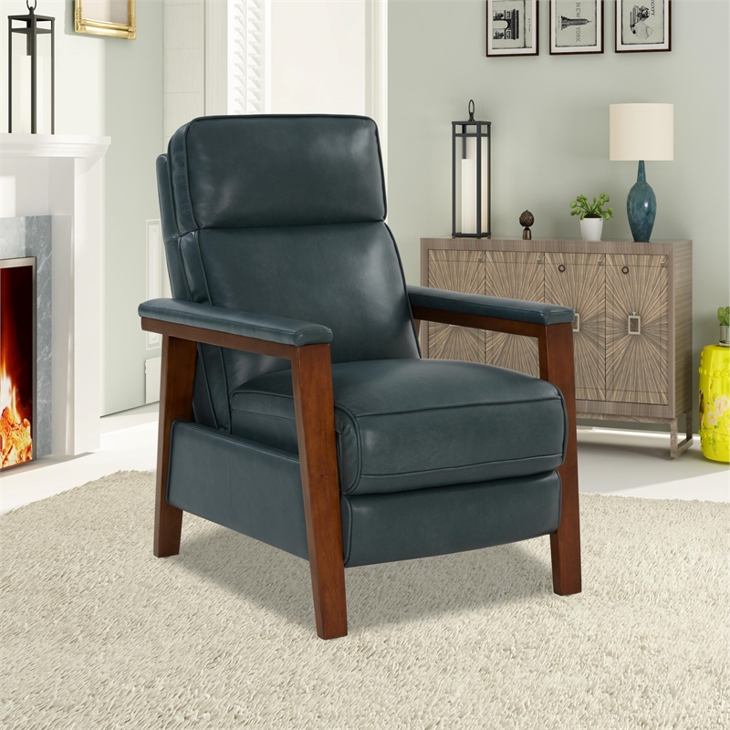 Pemberly Row Leather Push Thru The Arms Recliner in Roma Bluegray