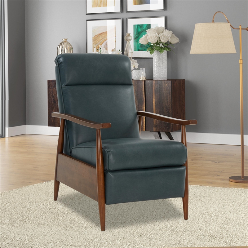 Pemberly Row Leather Push Thru The Arms Recliner in Roma Bluegray