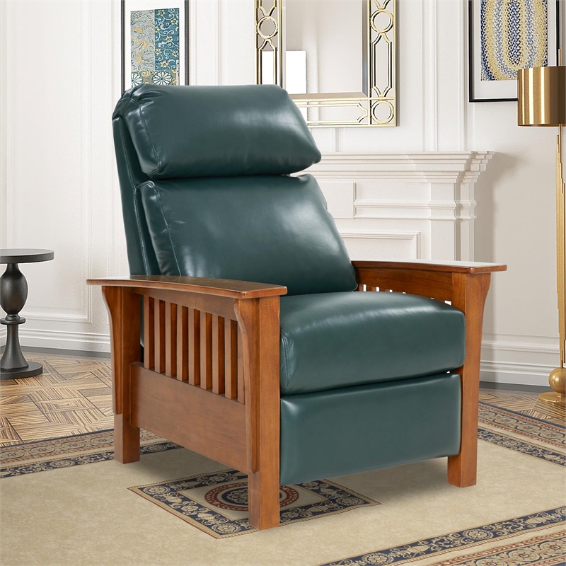 Pemberly Row Leather Push Thru The Arms Recliner in Highland Emerald