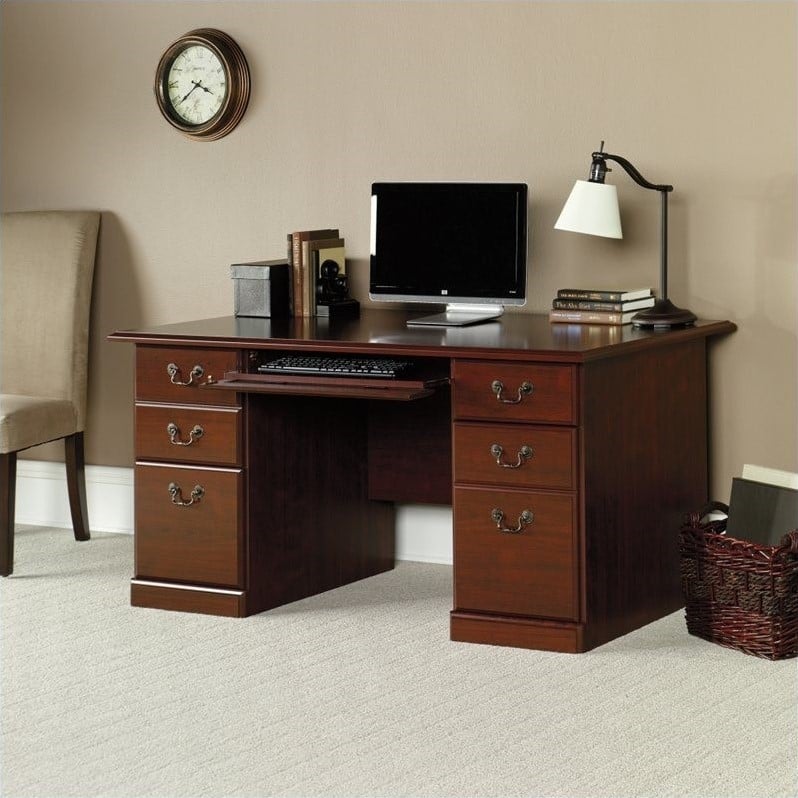 Pemberly Row Engineered Wood 6-Drawers Computer Desk in Classic Cherry