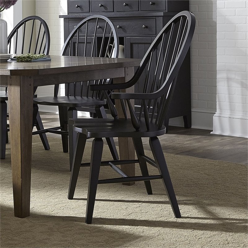 Pemberly Row Traditional Dark Brown Windsor Back Arm Chair - Black
