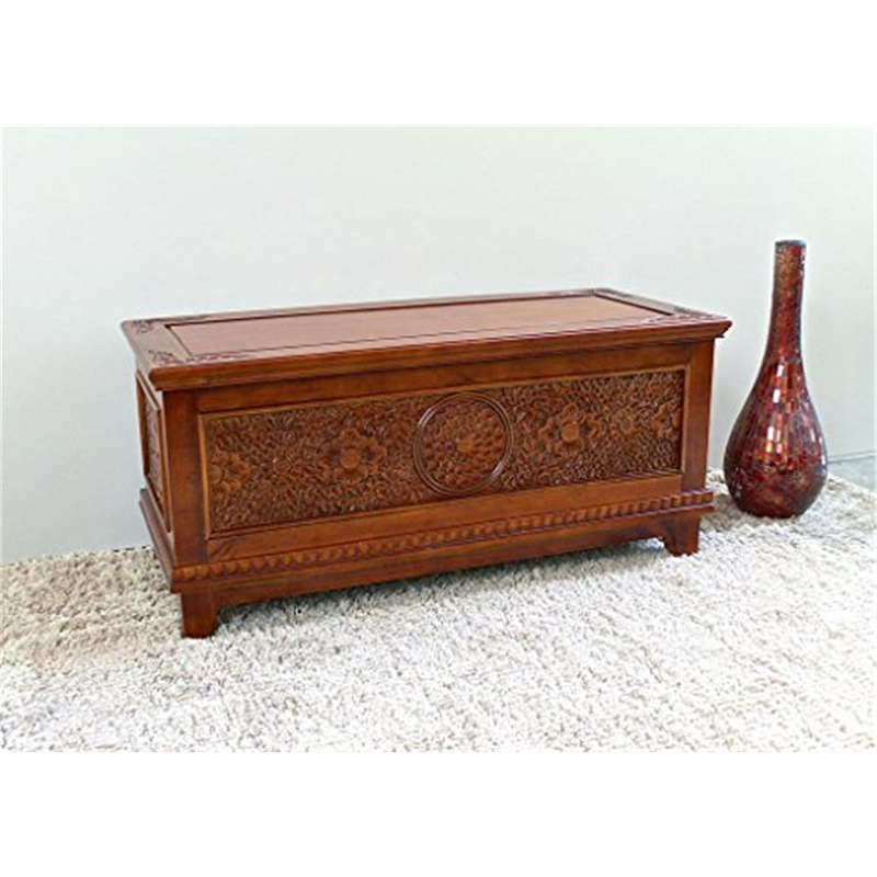 Pemberly Row Transitional Carved Storage Trunk Bench in Walnut