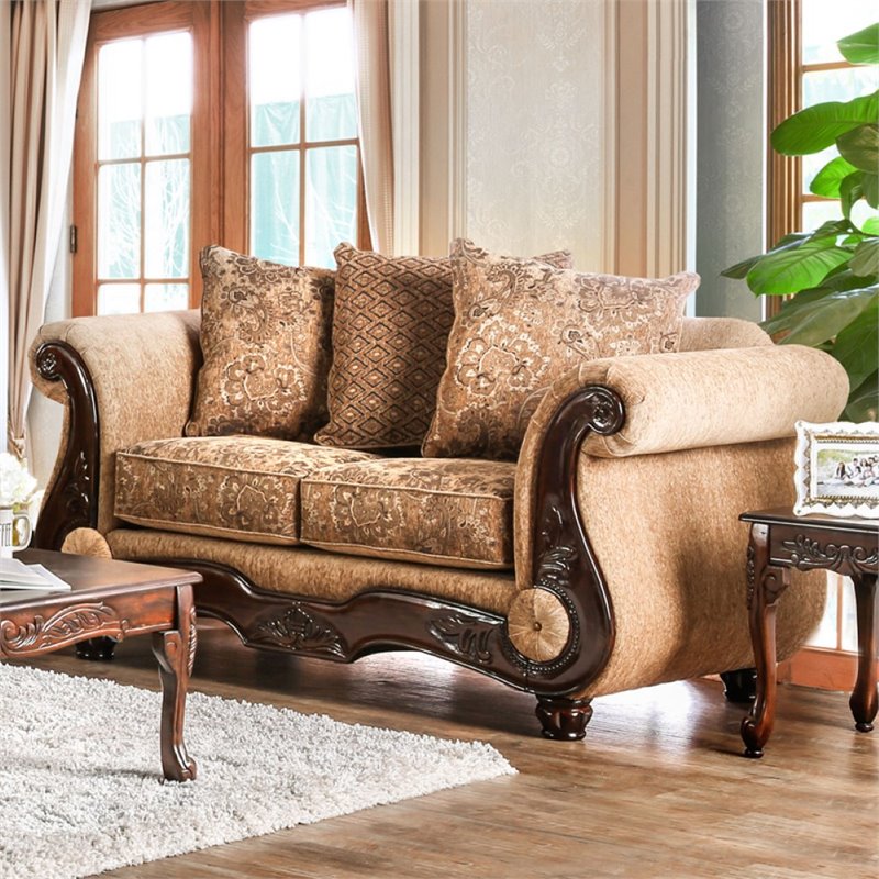 Pemberly Row Traditional Chenille Cushioned Loveseat in Tan Finish