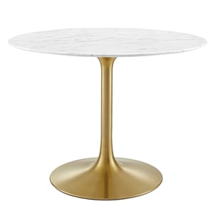 Pemberly Row 40&quot Round Faux Marble & Metal Dining Table in Gold and White