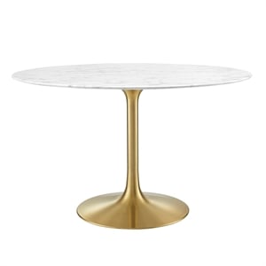 Pemberly Row 47&quot Round Faux Marble & Metal Dining Table in Gold and White
