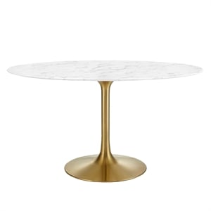 Pemberly Row 54&quot Oval Faux Marble & Metal Dining Table in Gold and White