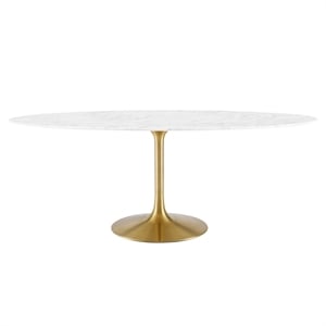Pemberly Row 78&quot Oval Faux Marble & Metal Dining Table in Gold and White