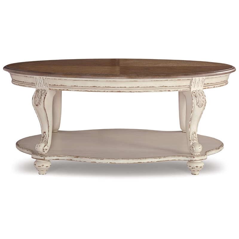 Pemberly Row Engineered Wood Oval Coffee Table in White and Brown