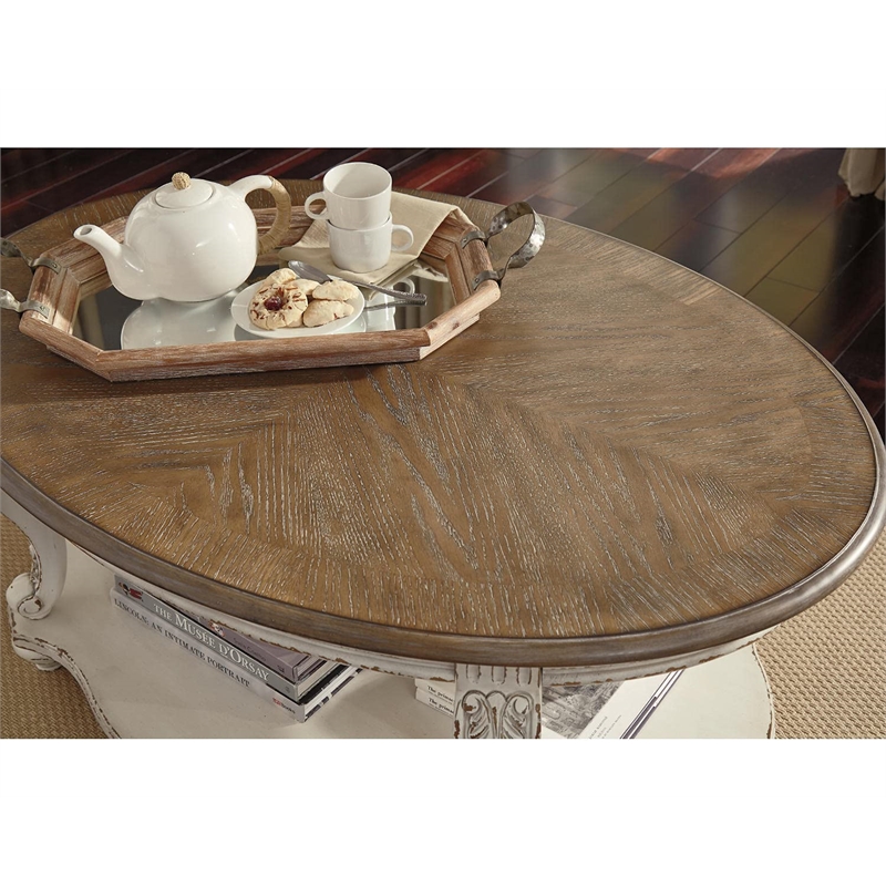 Pemberly Row Engineered Wood Oval Coffee Table in White and Brown