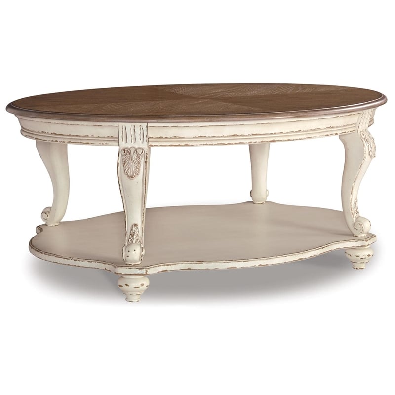 Pemberly Row Engineered Wood Oval Coffee Table in White and Brown