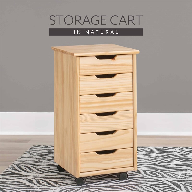Pemberly Row Six Drawer Rolling Storage Cart in Natural Brown Wood
