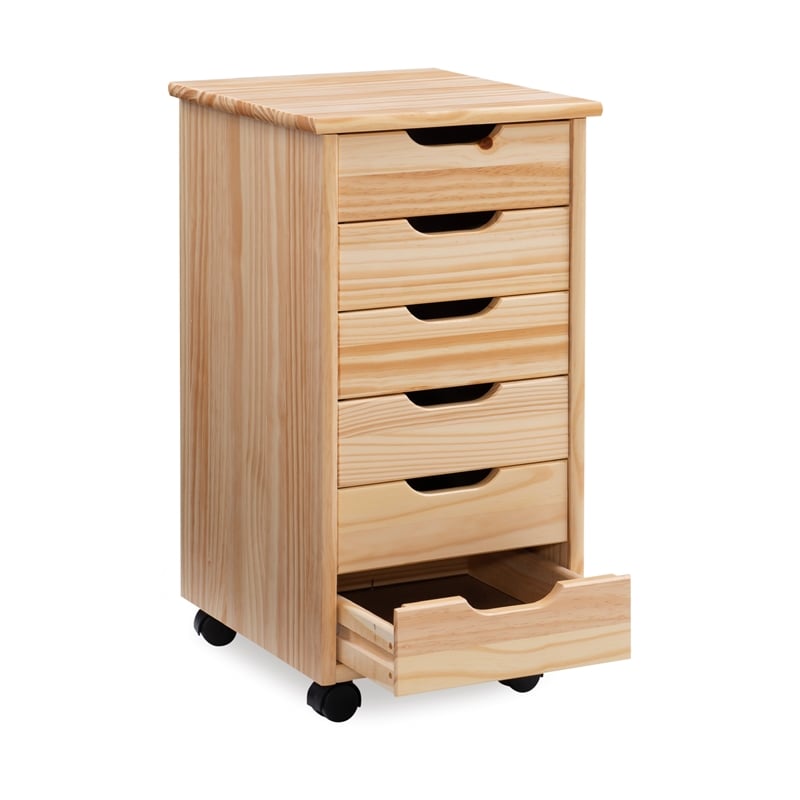 Pemberly Row Six Drawer Rolling Storage Cart in Natural Brown Wood