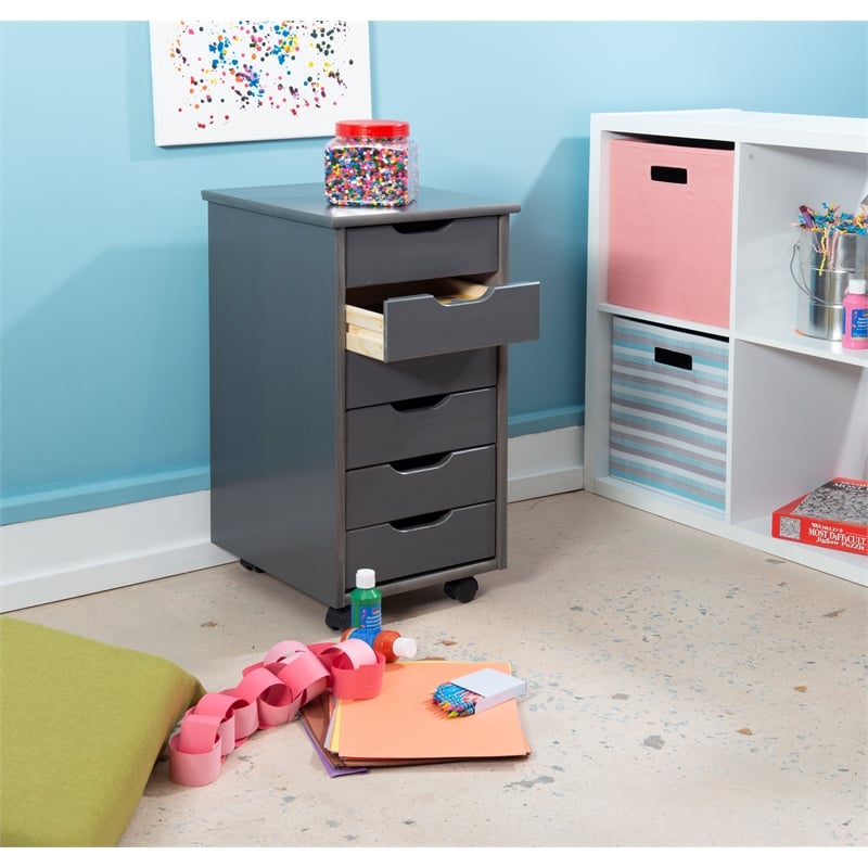 Pemberly Row Transitional Six Drawer Rolling Storage Cart in Gray Wood