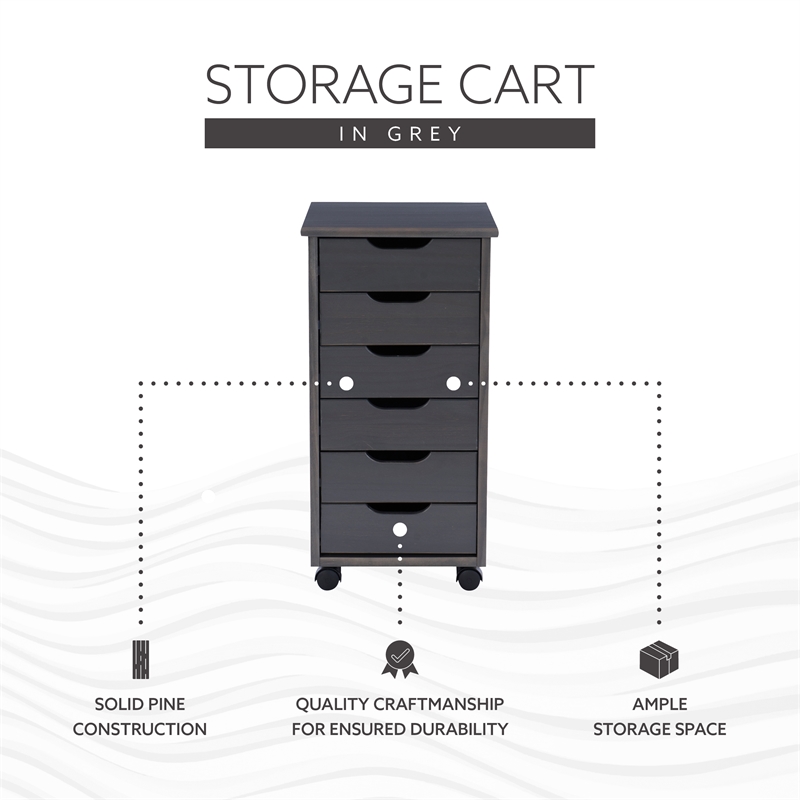 Pemberly Row Transitional Six Drawer Rolling Storage Cart in Gray Wood