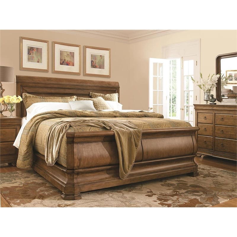 Pemberly Row Traditional King Wooden Sleigh Bed in Cognac Brown Finish
