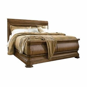 Pemberly Row Traditional King Wooden Sleigh Bed in Cognac Brown Finish