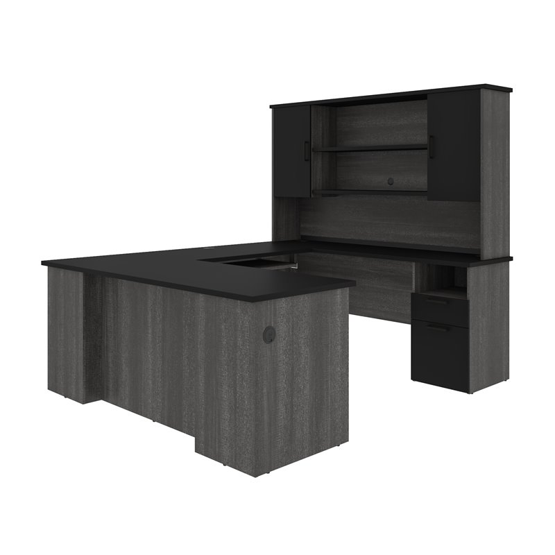 Pemberly Row Transitional Engineered Wood Computer Desk in Black and Bark Gray